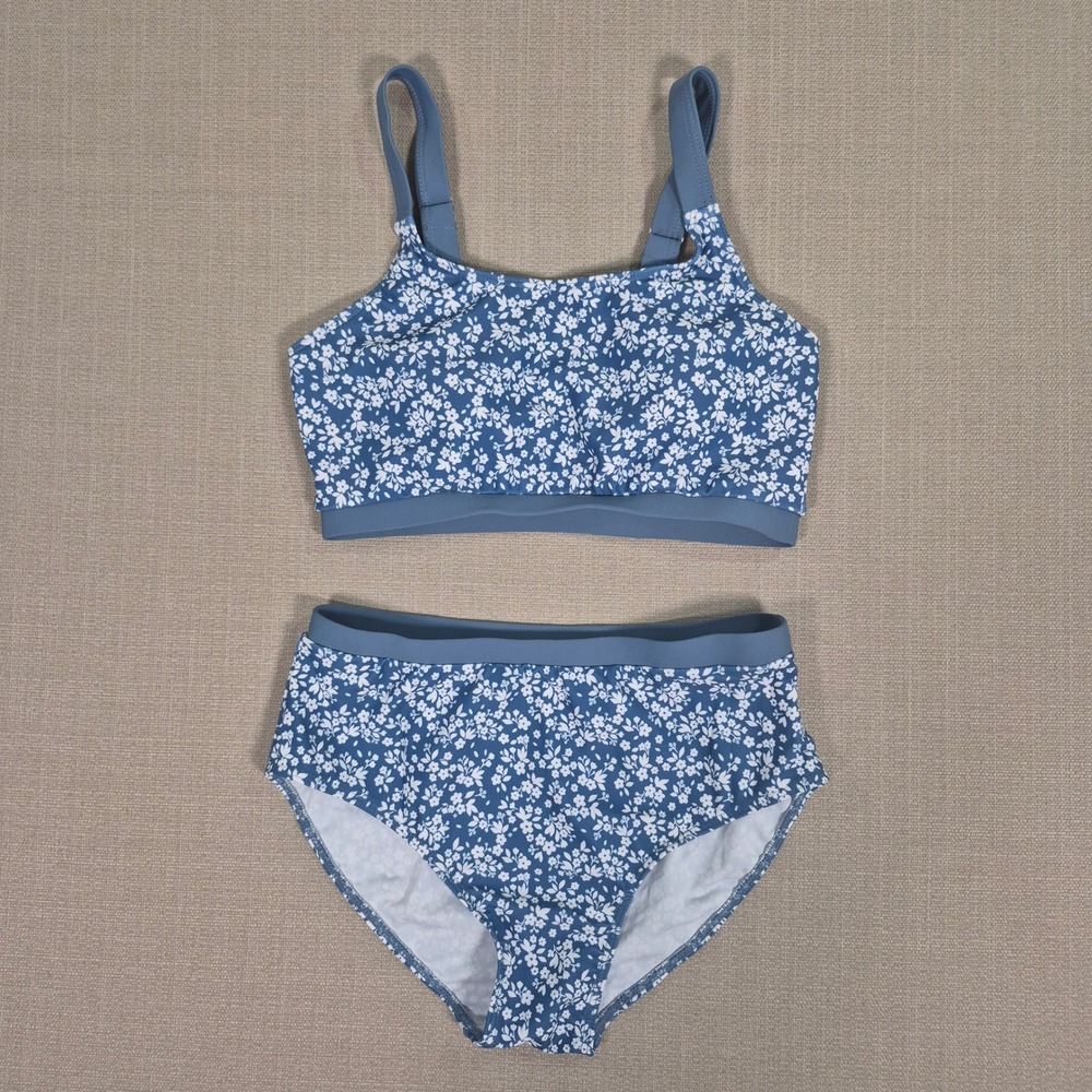 AGAPENG Girls Blue White Floral Ditsy High Waisted Bikini Swimsuit Size 13-14Y
